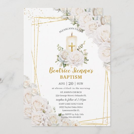 シックホワイトローズバプテスマフローラ《キリスト教》洗礼式や命名式キャンドル 招待状 (正面/裏面)
