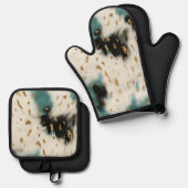 シックホワイト金ゴールドターコイズブラックコウィド 鍋つかみ&鍋敷きセット (正面/裏面)