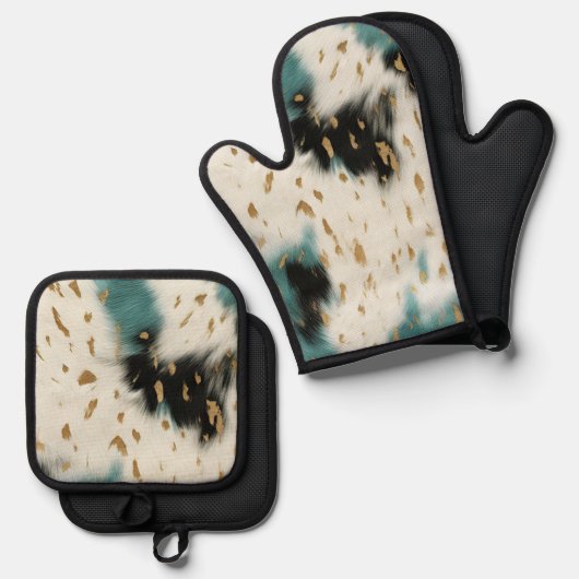 シックホワイト金ゴールドターコイズブラックコウィド 鍋つかみ&鍋敷きセット (正面/裏面)