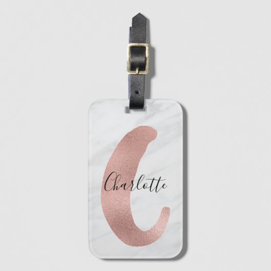 シックホワイト&グレーマーブルバラ金ゴールドCモノグラム名 ラゲッジタグ (正面縦)
