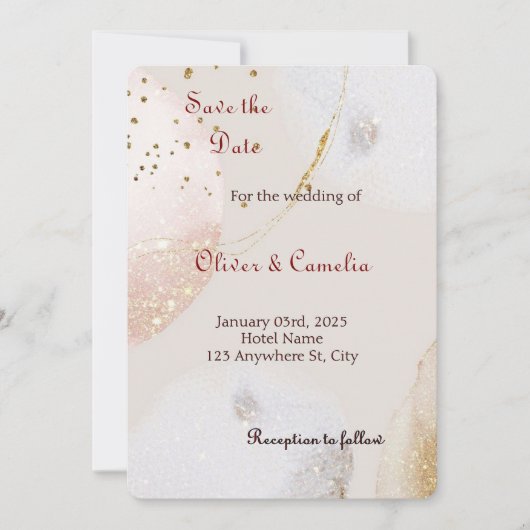 シックホワイト&金ゴールドマーブル結婚式招待状 招待状 (正面)