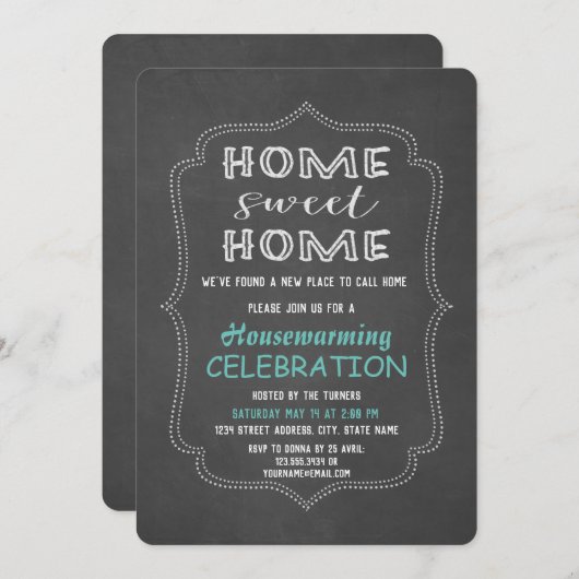 シックホームスイートホームチョーク引っ越し祝いパーティーパーティー 招待状 (正面/裏面)