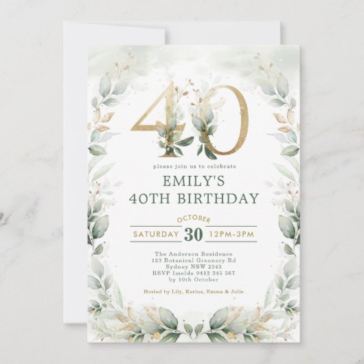 シックボタナリー金ゴールドガーデン40歳誕生日 招待状 (正面)