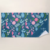 シックボタニカルエレガントフローラネイビーブルーモノグラム ビーチタオル (正面)