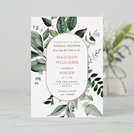 シックボタニカルフレーム実在ブライダルシャワー 箔招待状 (立ち正面)