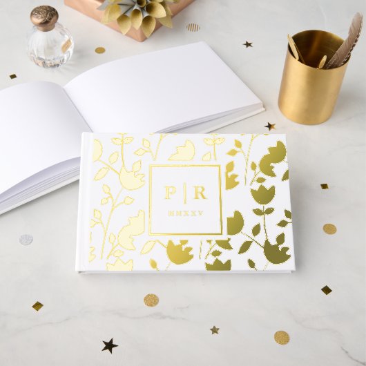 シックボタニカルフローラプリントモノグラム結婚ズ ゲストブック (正面見開き)