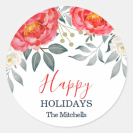 シックボタニカルレッドアイボリーフローラクリスマスホリデー ラウンドシール