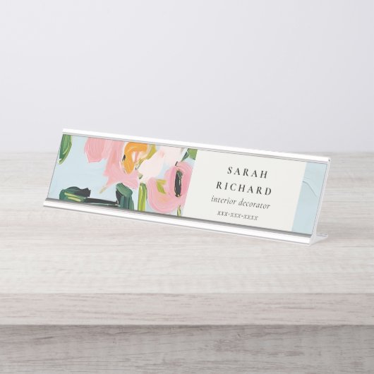 シックボホピカラフルックブルーグリーン絵を描フローラ デスクネームプレート (正面)