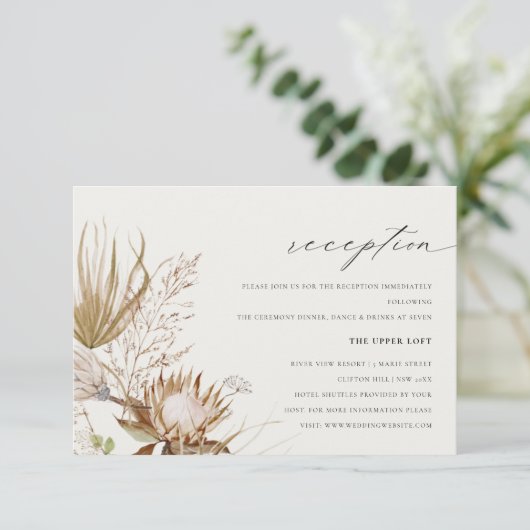 シックボホプロテアドライパームフローラウェディングレセプション エンクロージャーカード (スタンド正面)