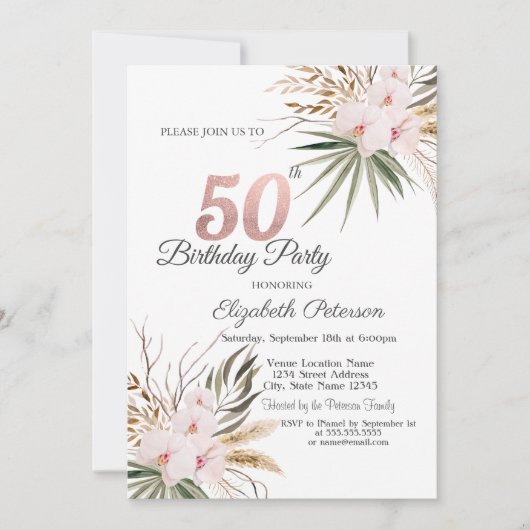 シックボホミラーフラワー 50歳の誕生日 招待状 (正面)