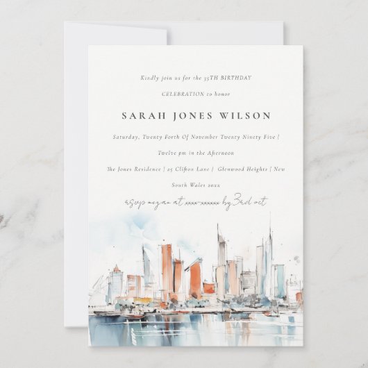 シックマイアミフロリダスカイラインウォーターカラー誕生日 招待状 (正面)
