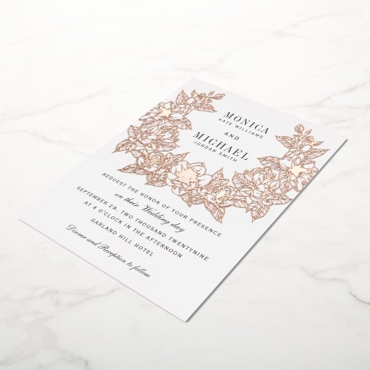 シックマグノリアリース結婚式招待状バラ金ゴールド 箔招待状 (回転した状態)