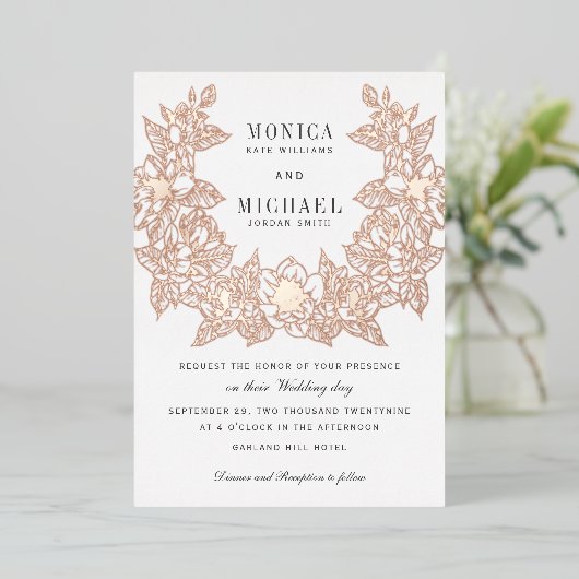 シックマグノリアリース結婚式招待状バラ金ゴールド 箔招待状 (立ち正面)