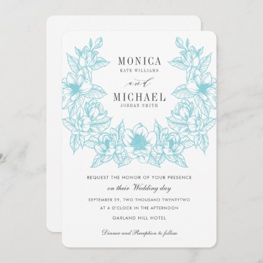 シックマグノリアリース |青淡い色の色 | 結婚s 招待状 (正面/裏面)