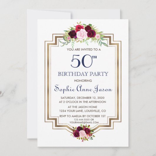 シックマルサラフローラネイビーブルー金ゴールド50th誕生日 招待状 (正面)