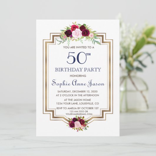 シックマルサラフローラネイビーブルー金ゴールド50th誕生日 招待状 (スタンド正面)