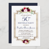 シックマルサラフローラネイビーブルー金ゴールド50th誕生日 招待状 (正面/裏面)