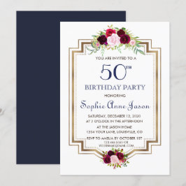 シックマルサラフローラネイビーブルー金ゴールド50th誕生日 招待状