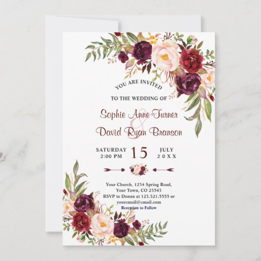 シックマルサラフローラブルゴーニュストライプー結婚ズ 招待状 (正面)