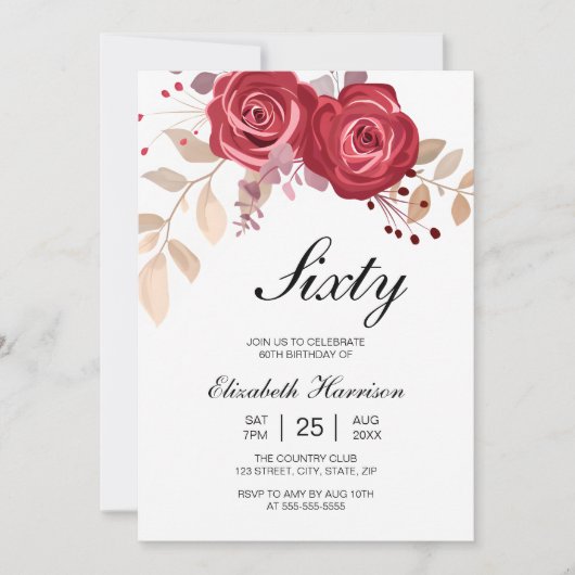 シックマルーンバラフローラガーデン誕生日 招待状 (正面)