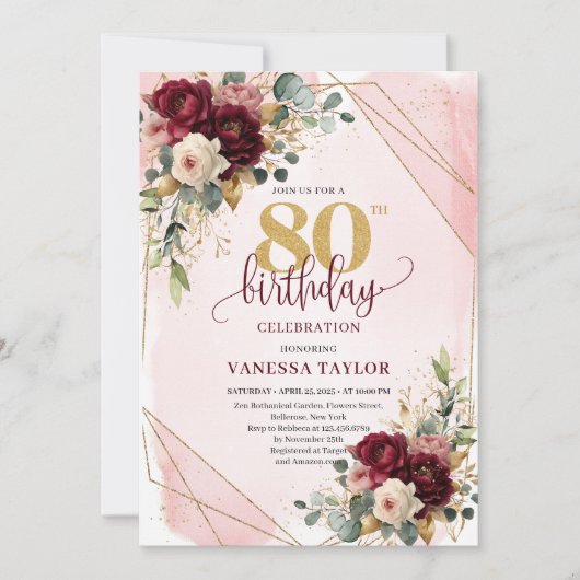 シックマルーン赤面金ゴールドバラ80th誕生日招待状 招待状 (正面)