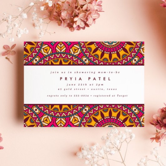 シックマンダラヘナカラフルインディアンベビーシャワー 招待状