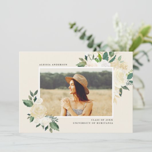 シックミニマリストフローラ写真卒業パーティー 招待状 (スタンド正面)