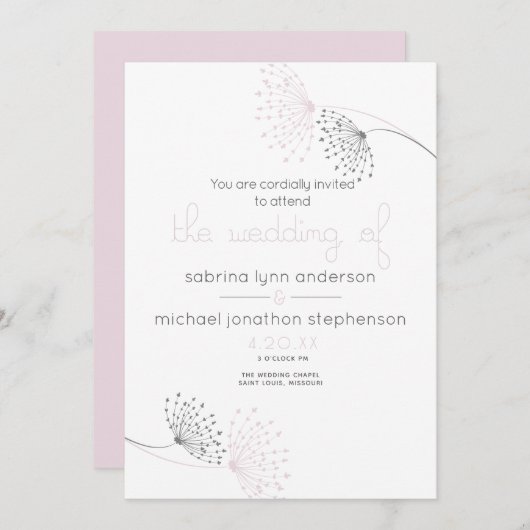 シックミニマルな淡い色のピンクと木炭の花 招待状 (正面/裏面)