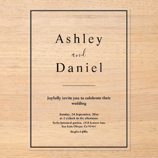 シックミニマルな黒と白のエレガントな結婚式 アクリル招待状 (正面)