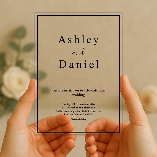 シックミニマルな黒と白のエレガントな結婚式 アクリル招待状