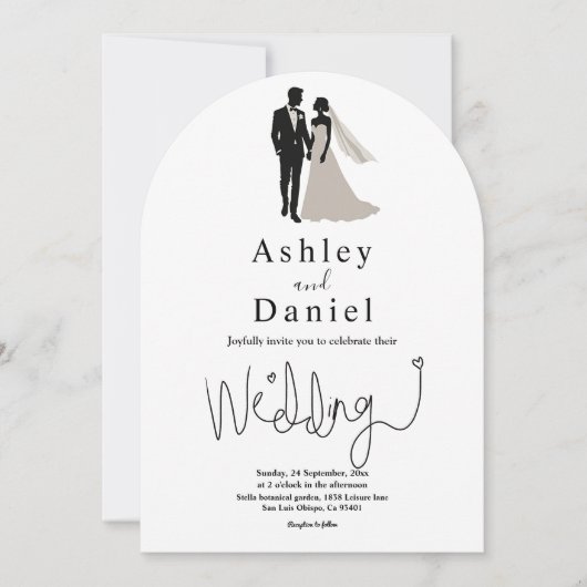 シックミニマルな黒と白のロマンチックな結婚アーチ 招待状 (正面)