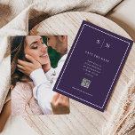 シックミニマルな |フォトバックとQRコード結婚s セーブザデート<br><div class="desc">これらはエレガント、ダーク紫と白のミニマリストを備えたカラフルを保存しますモダンが、クラシックのフレームが表示され、スポットにQRコードを追加するQRコードが表示さ文字デザインれ、ゲストの詳細をさらに見つけることができます。イニシャルやモノグラムを追加して完全に自分のものにし、自分の写真をお気に入りの背中に追加する。</div>
