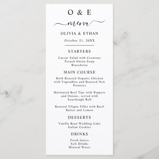 シックミニマルな | 白黒結婚晩餐会 メニュー (正面)
