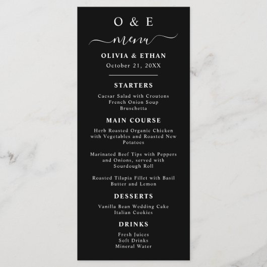 シックミニマルな | 白黒結婚晩餐会 メニュー (正面)