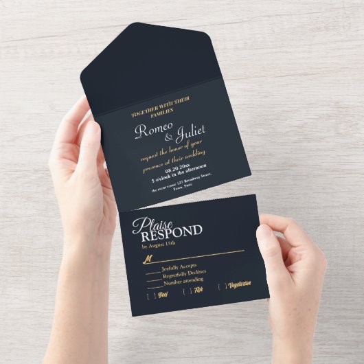 シックミニマルな | Black All in One Wedding Invite オールインワン招待状 (貼ってはがせる)