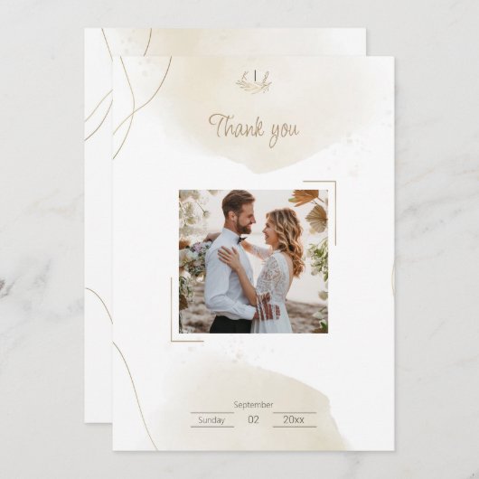 シックミニマルカスタムなフォトサンキュー結婚ズ サンキューカード (正面/裏面)