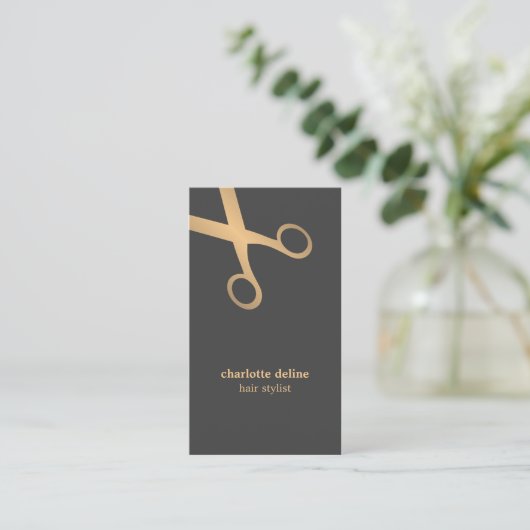 シックミニマルグレイフェイク金ゴールドシザー美容師 名刺 (スタンド正面)