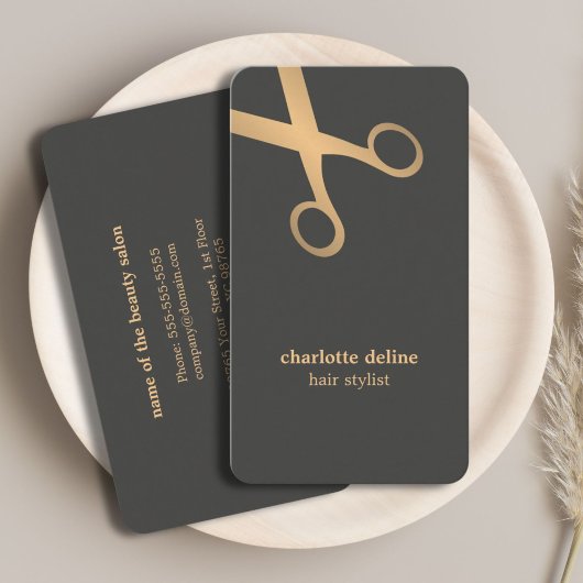 シックミニマルグレイフェイク金ゴールドシザー美容師 名刺