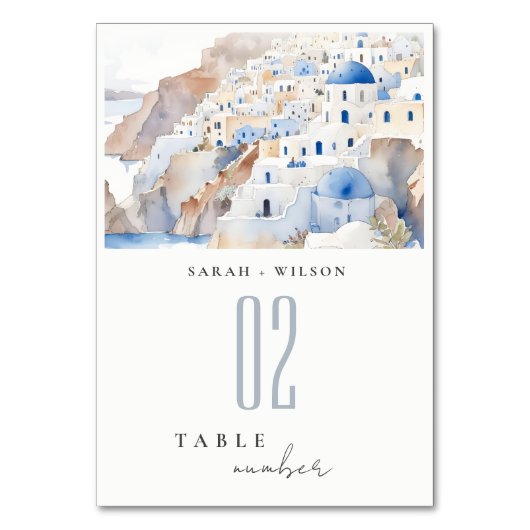 シックミニマルサントリーニギリシャ水の色結婚の テーブルナンバー (正面)