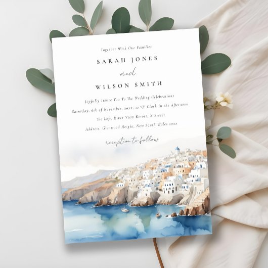 シックミニマルサントリーニギリシャ水の色結婚の 招待状