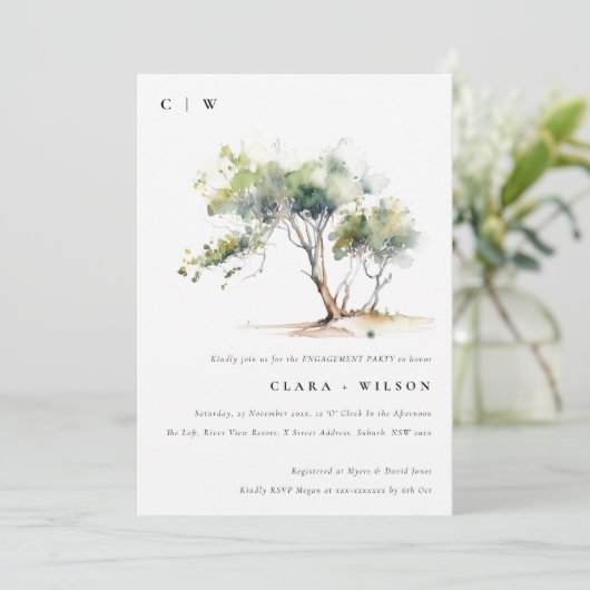 シックミニマルシンプルウォーターカラーツリー婚約 招待状 (スタンド正面)