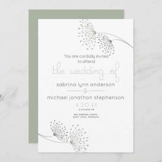 シックミニマルセージ緑と木炭の花 招待状 (正面/裏面)