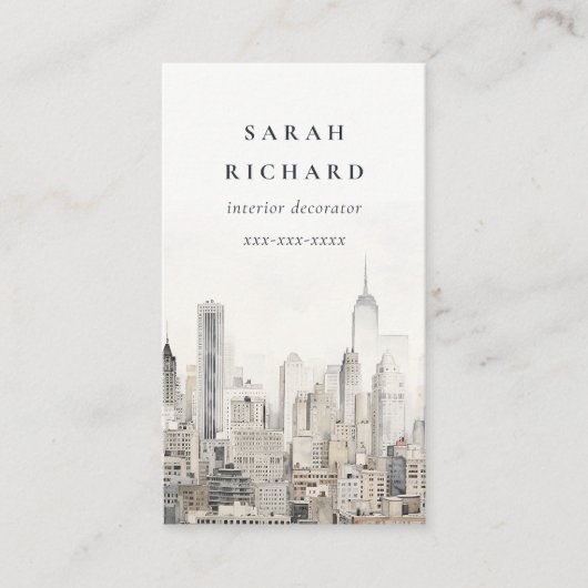 シックミニマルニューヨークシティスカイラインウォーターカラー 名刺 (正面)