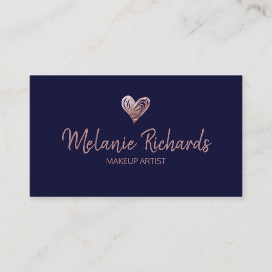シックミニマルネイビーフェイクル銅箔ハート 名刺 (正面)
