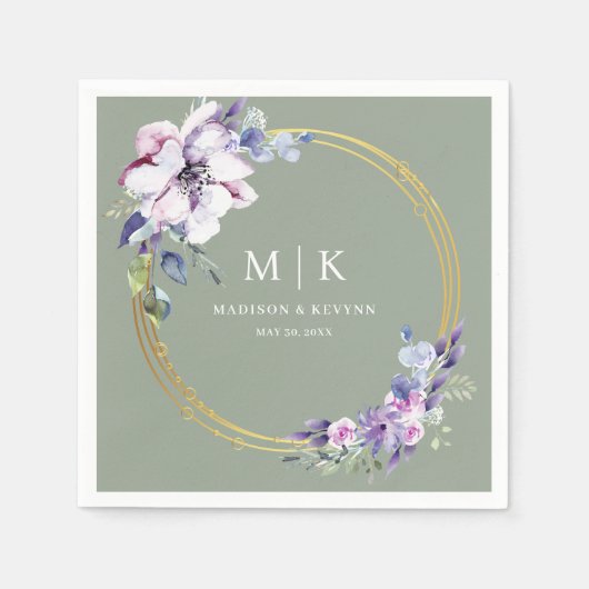 シックミニマルパープル金ゴールドセージ緑 | ウェディング スタンダードカクテルナプキン (正面)