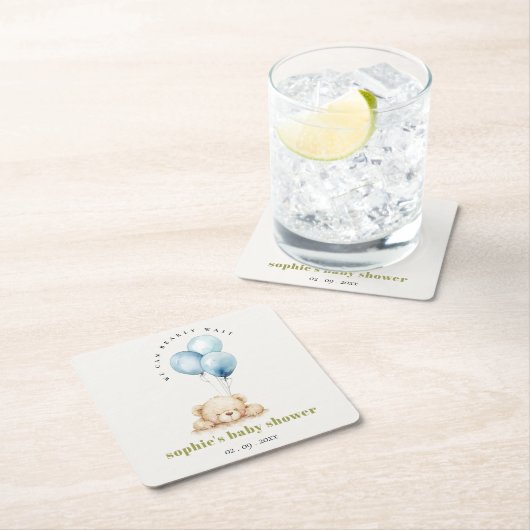 シックミニマルブルービーリー待ちバルーンベイビーシャワー スクエアペーパーコースター (インサイチュ)