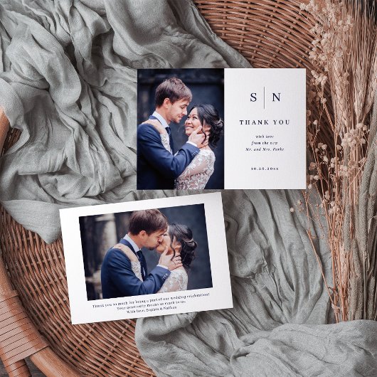 シックミニマルホワイトとネイビー2枚の写真結婚 サンキューカード