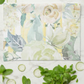 シックミントグリーンイエローブルー水彩フローラ キッチンタオル (折り畳み)