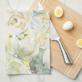 シックミントグリーンイエローブルー水彩フローラ キッチンタオル (四つ折り)