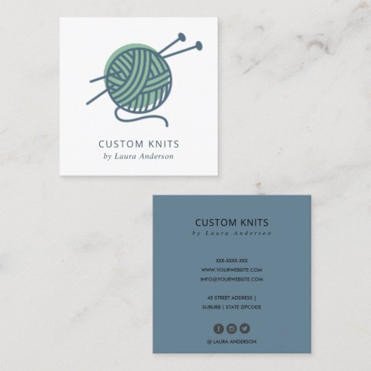 シックミントグリーンネイビーグレー編み物ウールヤーンボール スクエア名刺 (正面/裏面)